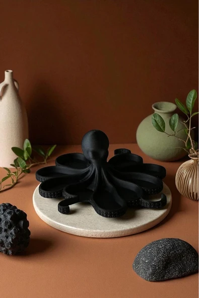 PAMUK'S DESİGN Siyah Ahtapot Figürlü Sunumluk Banyo Sabunluk, Kahvaltı Tabağı, Takı Organizeri, Mumluk 14 x 14 cm - Resim 4