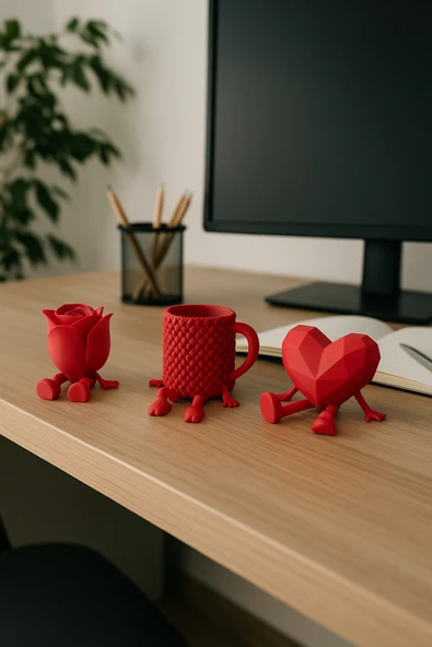 PAMUK'S DESİGN Dekoratif Kalp Gül Ve Kahve Figürü Kahve Sever Obje 3'lü Set 9 X 7 Cm - Resim 3