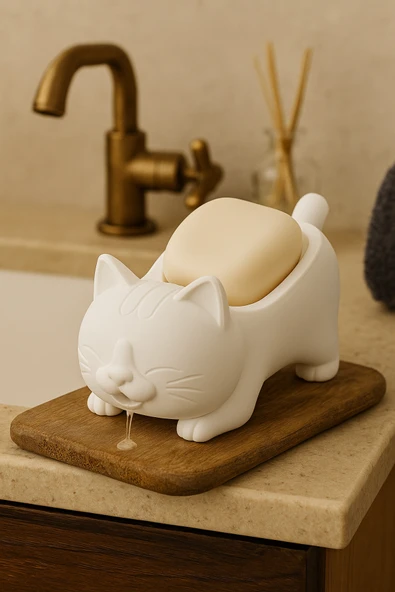 PAMUK'S DESİGN Dekoratif Kedi Figürlü Sabunluk & Süngerlik Şık ve Sevimli Banyo, Mutfak Aksesuarı Çok Amaçlı - Resim 5