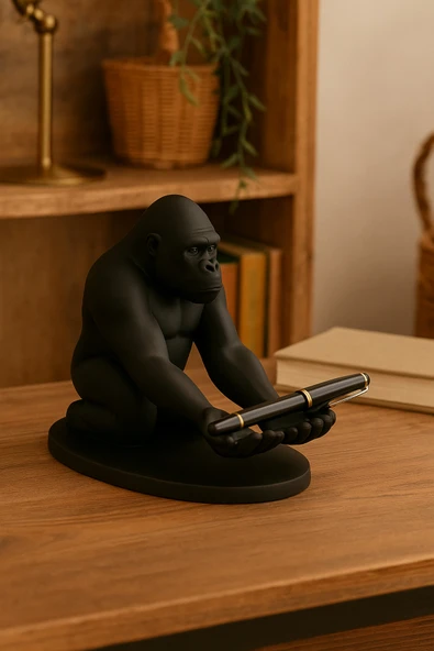 PAMUK'S DESİGN 3D Siyah Goril Figürlü Dekoratif Telefon, Tablet Standı, Kalem Tutucu Heykel, Masaüstü Organizer - Resim 2