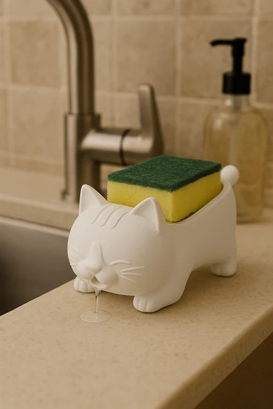 PAMUK'S DESİGN Dekoratif Kedi Figürlü Sabunluk & Süngerlik Şık ve Sevimli Banyo, Mutfak Aksesuarı Çok Amaçlı - Resim 2