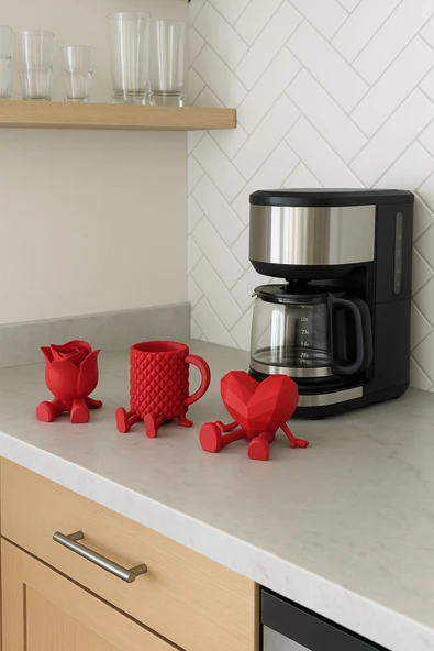 PAMUK'S DESİGN Dekoratif Kalp Gül Ve Kahve Figürü Kahve Sever Obje 3'lü Set 9 X 7 Cm - Resim 4