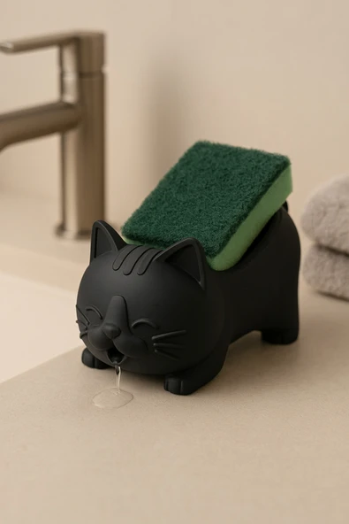 PAMUK'S DESİGN Dekoratif Kedi Figürlü Sabunluk & Süngerlik Şık ve Sevimli Banyo, Mutfak Aksesuarı Çok Amaçlı - Resim 3