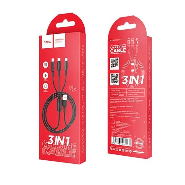 Hoco X25 3in1 Usb Şarj ve Data Kablosu 1m - Resim 6