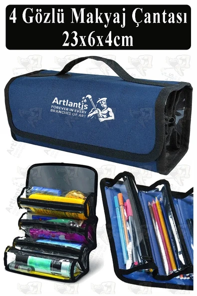 4 Gözlü Makyaj Çantası 1 Adet Dört Bölümlü Makyaj Sanatsal Şeffaf Bölmeli Kulplu Taşınabilir Kumaş Kalemlik - Resim 2