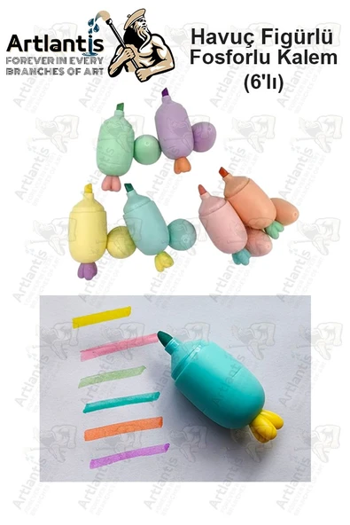 Havuç Fosforlu Kalem 1 Paket 6 Renk Sevimli Havuç Figürlü İşaret Kalemi Mini 6 lı Fosforlu Kalem - Resim 2