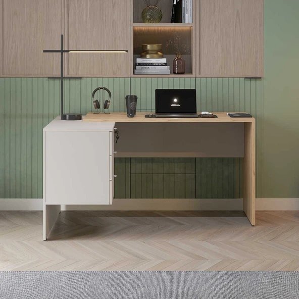 Madrid 3 Çekmeceli L Çalışma Masası - Florida Meşe/Vizon 140x75x107 cm - Resim 3