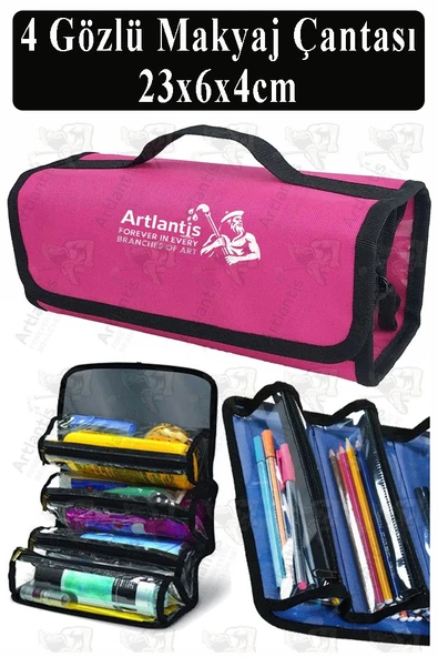 4 Gözlü Makyaj Çantası 1 Adet Dört Bölümlü Makyaj Sanatsal Şeffaf Bölmeli Kulplu Taşınabilir Kumaş Kalemlik - Resim 8