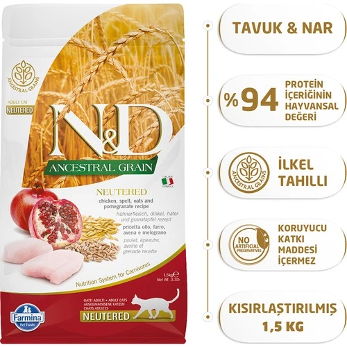 Nd Az Tahıllı Tavuklu Kısırlaştırılmış Kedi Maması 1,5 Kg ürün görseli
