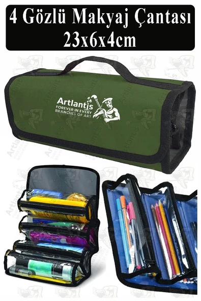 4 Gözlü Makyaj Çantası 1 Adet Dört Bölümlü Makyaj Sanatsal Şeffaf Bölmeli Kulplu Taşınabilir Kumaş Kalemlik - Resim 7