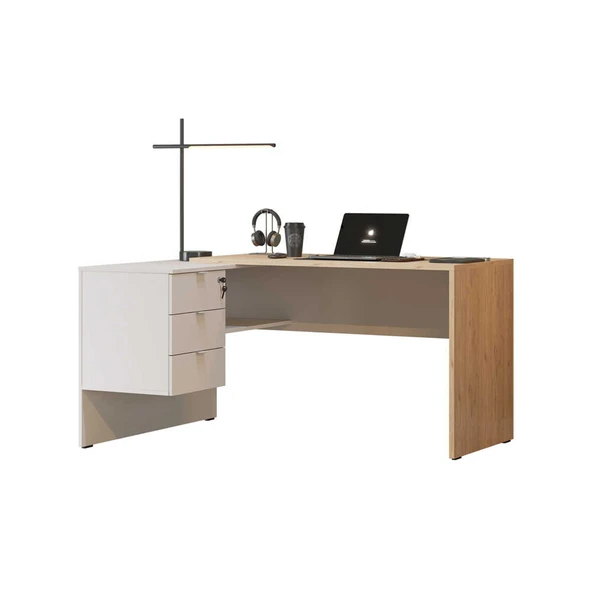 Madrid 3 Çekmeceli L Çalışma Masası - Florida Meşe/Vizon 140x75x107 cm - Resim 4