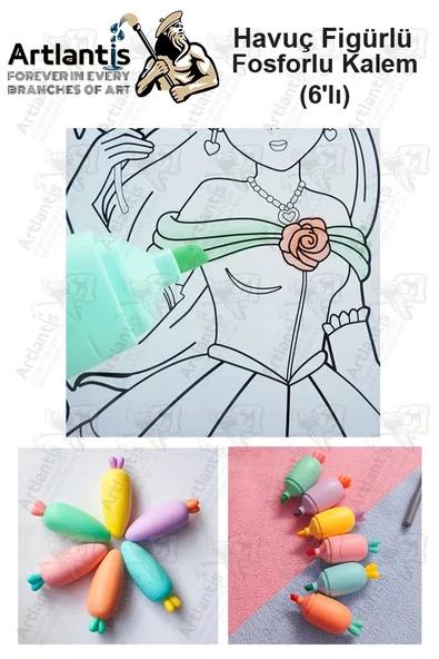 Havuç Fosforlu Kalem 1 Paket 6 Renk Sevimli Havuç Figürlü İşaret Kalemi Mini 6 lı Fosforlu Kalem - Resim 3