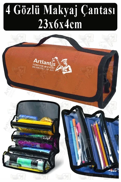 4 Gözlü Makyaj Çantası 1 Adet Dört Bölümlü Makyaj Sanatsal Şeffaf Bölmeli Kulplu Taşınabilir Kumaş Kalemlik - Resim 6