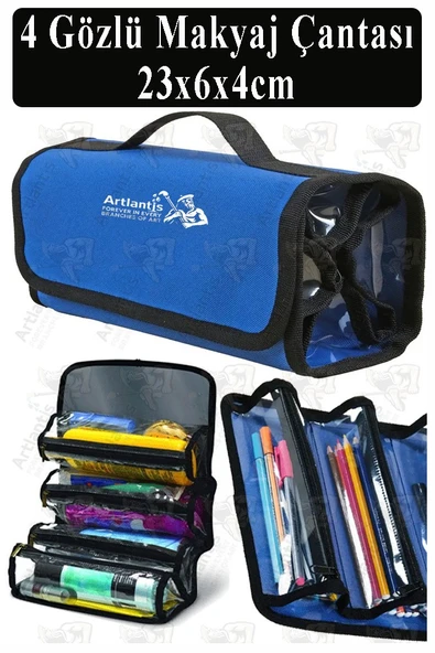 4 Gözlü Makyaj Çantası 1 Adet Dört Bölümlü Makyaj Sanatsal Şeffaf Bölmeli Kulplu Taşınabilir Kumaş Kalemlik - Resim 3