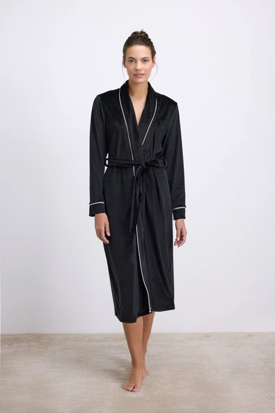 Anıl Kadın Uzun Kollu, Kadife Dokulu, Kuşaklı Sabahlık (11543) ürün görseli