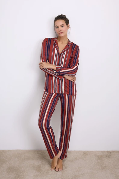 Anıl Kadın Uzun Kollu Düğmeli Çizgili Pijama Takımı 11578 ürün görseli 1