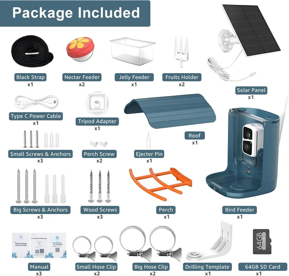 BirdSnap PAV - Akıllı Kuş Yemliği, Güneş Enerjili Kamera 2K HD - Mavi - Resim 6