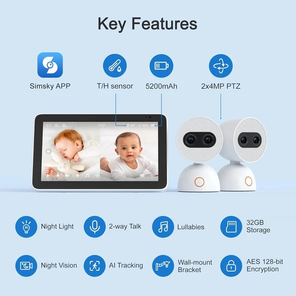 Simsky Video Bebek Monitörü 2×4MP Kamera, 6X Yakınlaştırma - 2 Kamera - Resim 6