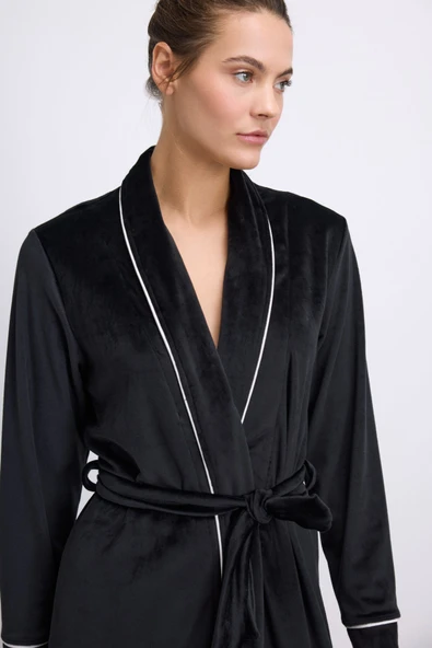 Anıl Kadın Uzun Kollu, Kadife Dokulu, Kuşaklı Sabahlık (11543) - Resim 3