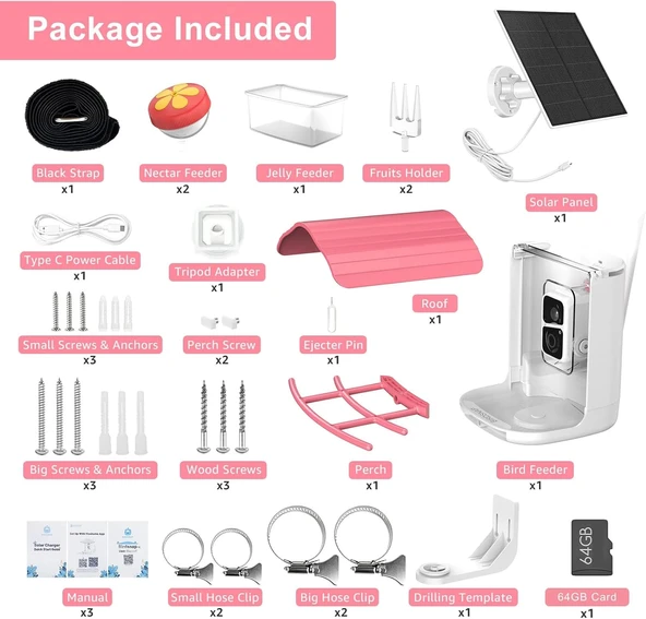 BirdSnap PAV - Akıllı Kuş Yemliği, Güneş Enerjili Kamera 2K HD - Pembe - Resim 6