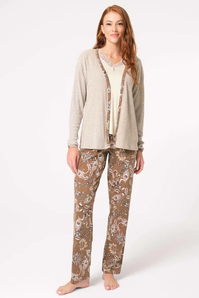 MAN5798 Anıl 5798 Kalın Askılı V Yaka Viskon Çiçek Desenli Kışlık Örme Normal Bel Düğmeli Dantel Detaylı Pijama Takımı Sabahlık ürün görseli