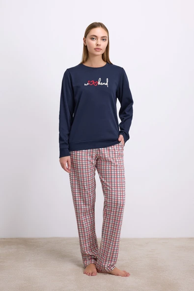 Anıl Kadın Uzun Kol Sweatshirt ve Ekose Pantolon Pijama Takımı Rahat ve Şık Ev Giyimi 11585 ürün görseli 1
