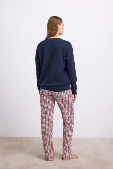 Anıl Kadın Uzun Kol Sweatshirt ve Ekose Pantolon Pijama Takımı Rahat ve Şık Ev Giyimi 11585 - Resim 2