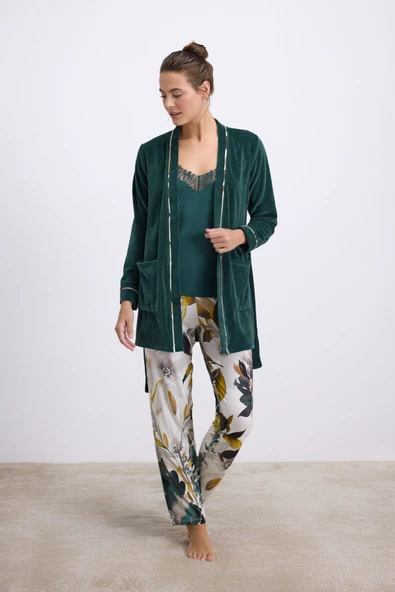 Anıl Kadın Kadife Sabahlık, Dantelli Atlet ve Desenli Pantolon Pijama Takım 11554 ürün görseli