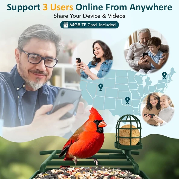 BirdLegend Akıllı Kuş Yemliği Kameralı Güneş Enerjili, 1080P HD - Yeşil - Resim 4