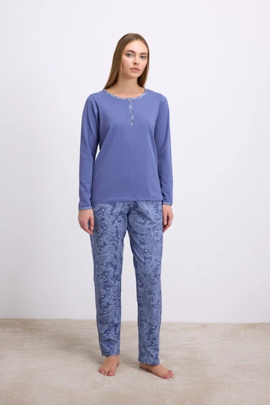 Anıl Kadın Uzun Kollu T-Shirt ve Desenli Pantolon Pijama Takımı (11566) ürün görseli 1