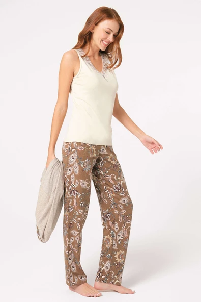 MAN5798 Anıl 5798 Kalın Askılı V Yaka Viskon Çiçek Desenli Kışlık Örme Normal Bel Düğmeli Dantel Detaylı Pijama Takımı Sabahlık - Resim 2