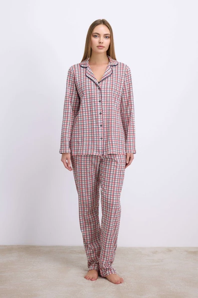 Anıl Kadın Pamuklu Uzun Kol Düğmeli Gömlek ve Ekose Pantolon Pijama Takımı Zamansız Şıklık 11627 ürün görseli 1