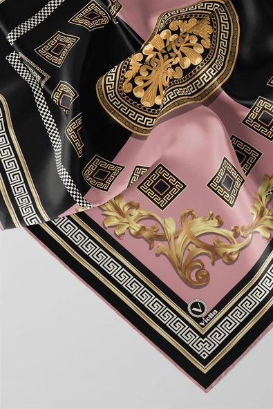 Twill Barok Desenli Pudra Renkli 90x90 Eşarp (İpek İçermez) Kenar Dikiş Şekli El Dikişli - Resim 2