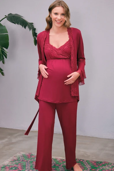 MAN5648 Kadın Viskon Hamile Lohusa Dantelli Sabahlık Önden Açılan Emzirme T-Shirt ve Pantolon Pijama 3lü Takım (5648) ürün görseli 1