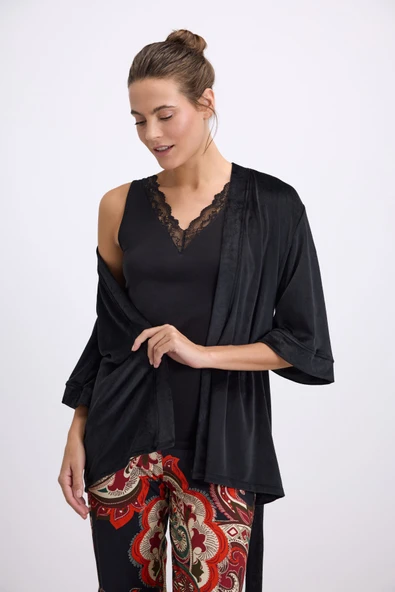 Anıl Kadın Desenli Pantolonlu 3’lü Set – Sabahlık, Dantel Detaylı Atlet ve Pantolon Takımı (11546) - Resim 3