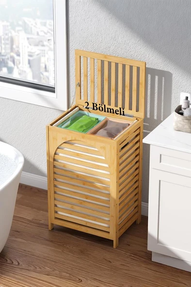 Çamaşır Sepeti 85L Bambu Ahşap Çamaşır Sepeti, Kapaklı ve Saplı, Çıkarılabilir Astarlı, Doğal, Büyük ürün görseli