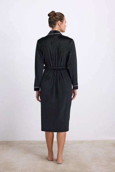 Anıl Kadın Uzun Kollu, Kadife Dokulu, Kuşaklı Sabahlık (11543) - Resim 2