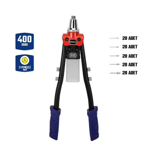 WORKPRO WP225001 5 IN 1 400mm Kollu Profesyonel Perçin Tabancası + 100 Adet Perçin ürün görseli