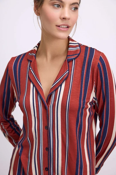 Anıl Kadın Uzun Kollu Düğmeli Çizgili Pijama Takımı 11578 - Resim 3