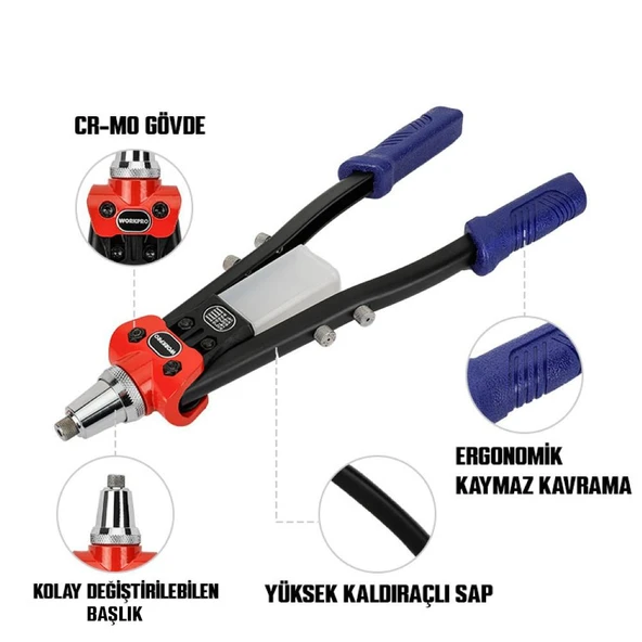 WORKPRO WP225001 5 IN 1 400mm Kollu Profesyonel Perçin Tabancası + 100 Adet Perçin - Resim 2