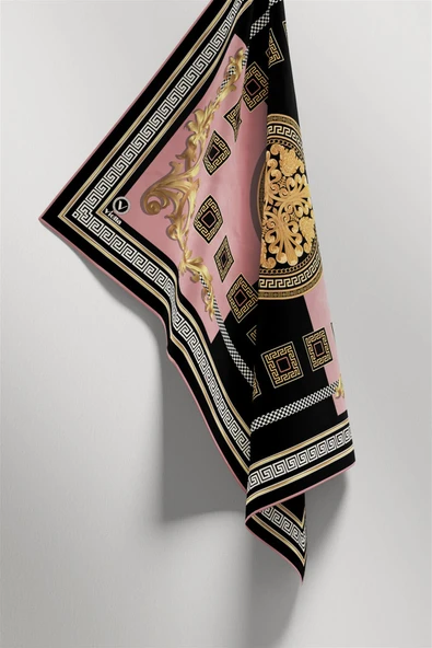 Twill Barok Desenli Pudra Renkli 90x90 Eşarp (İpek İçermez) Kenar Dikiş Şekli El Dikişli - Resim 4