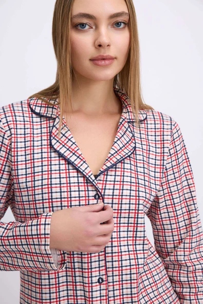 Anıl Kadın Pamuklu Uzun Kol Düğmeli Gömlek ve Ekose Pantolon Pijama Takımı Zamansız Şıklık 11627 - Resim 2