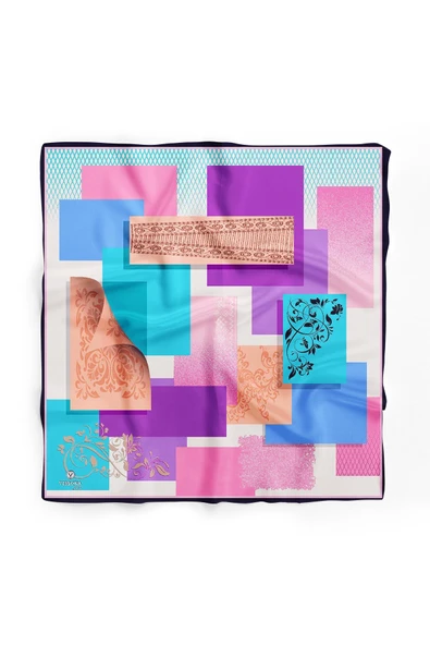 %100 İpek Kadın Desenli Bandana 80x80 - Resim 2