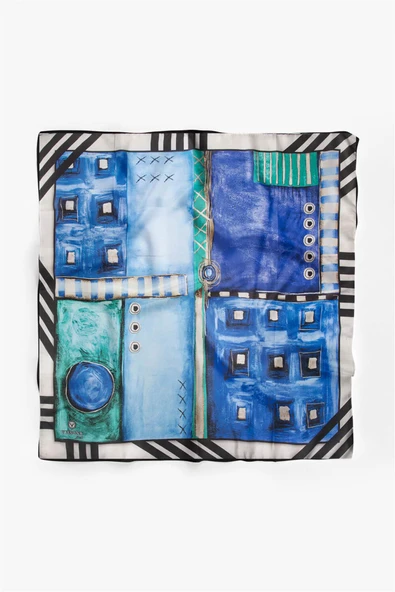 %100 İpek Kadın Desenli Bandana 80x80 - Resim 2