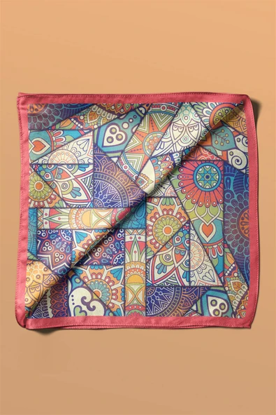 %100 İpek Mandala Desenli Kadın Bandana - Resim 5