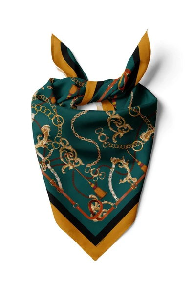 E72 Kadın Yeşil Zincir Desenli 50x50 Bandana ürün görseli