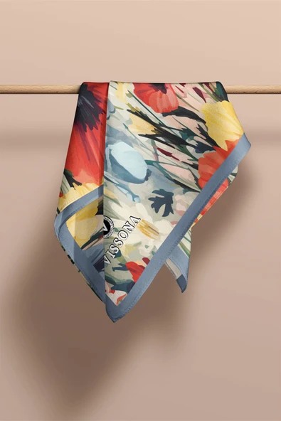 I67 SATEN İPEK GELİNCİK DESENLİ KADIN FULAR - Resim 2