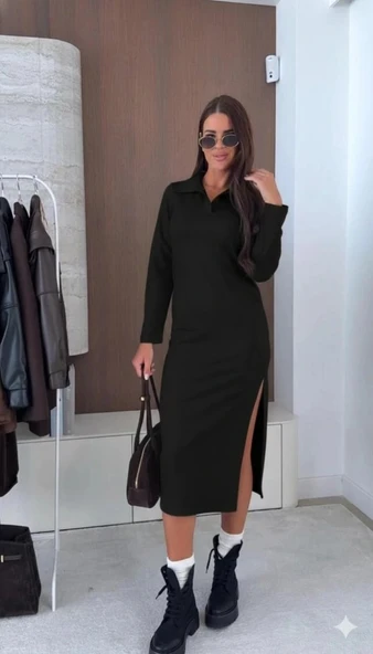 MDB Kadın Uzun Kollu Yakalı Yandan Yırtmaçlı Midi Modal Elbise - Resim 2