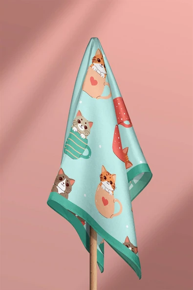 %100 İpek Fincanda Kedi Desenli Bandana - Resim 6