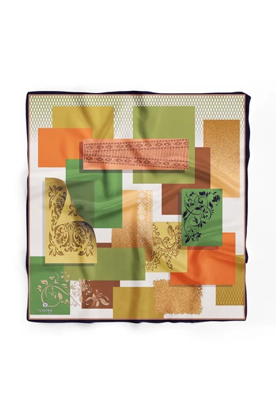 %100 İpek Kadın Desenli Bandana 80x80 - Resim 2